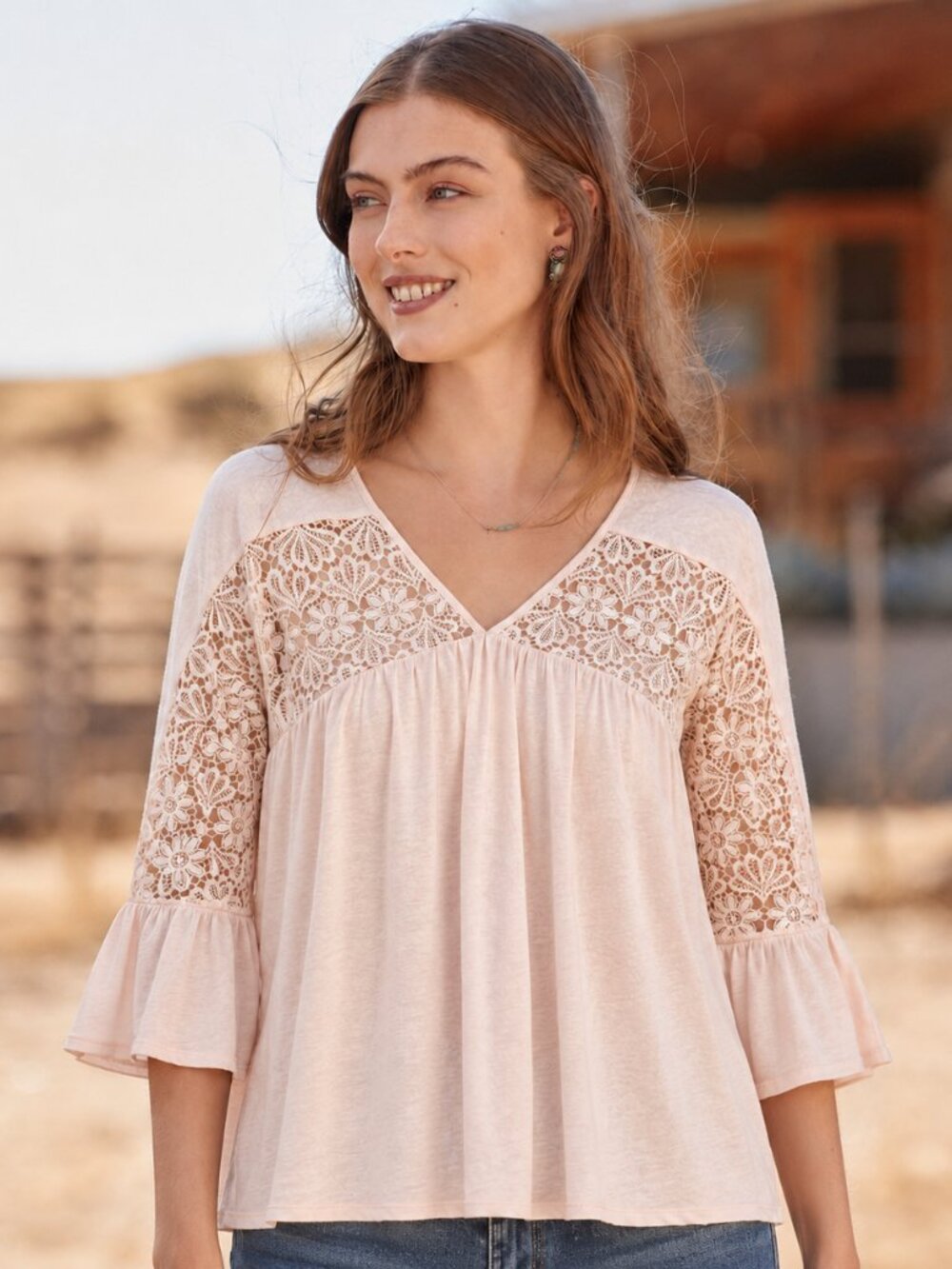 BLUE TASSEL: Lace Top with Bell Sleeve Details